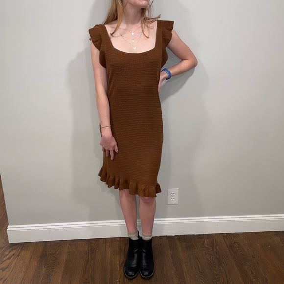 NWT Revolve House of Harlow 1960 Midi Knit Brown Sweater Dress w/ Ruffles -  M - Picture 3 of 7